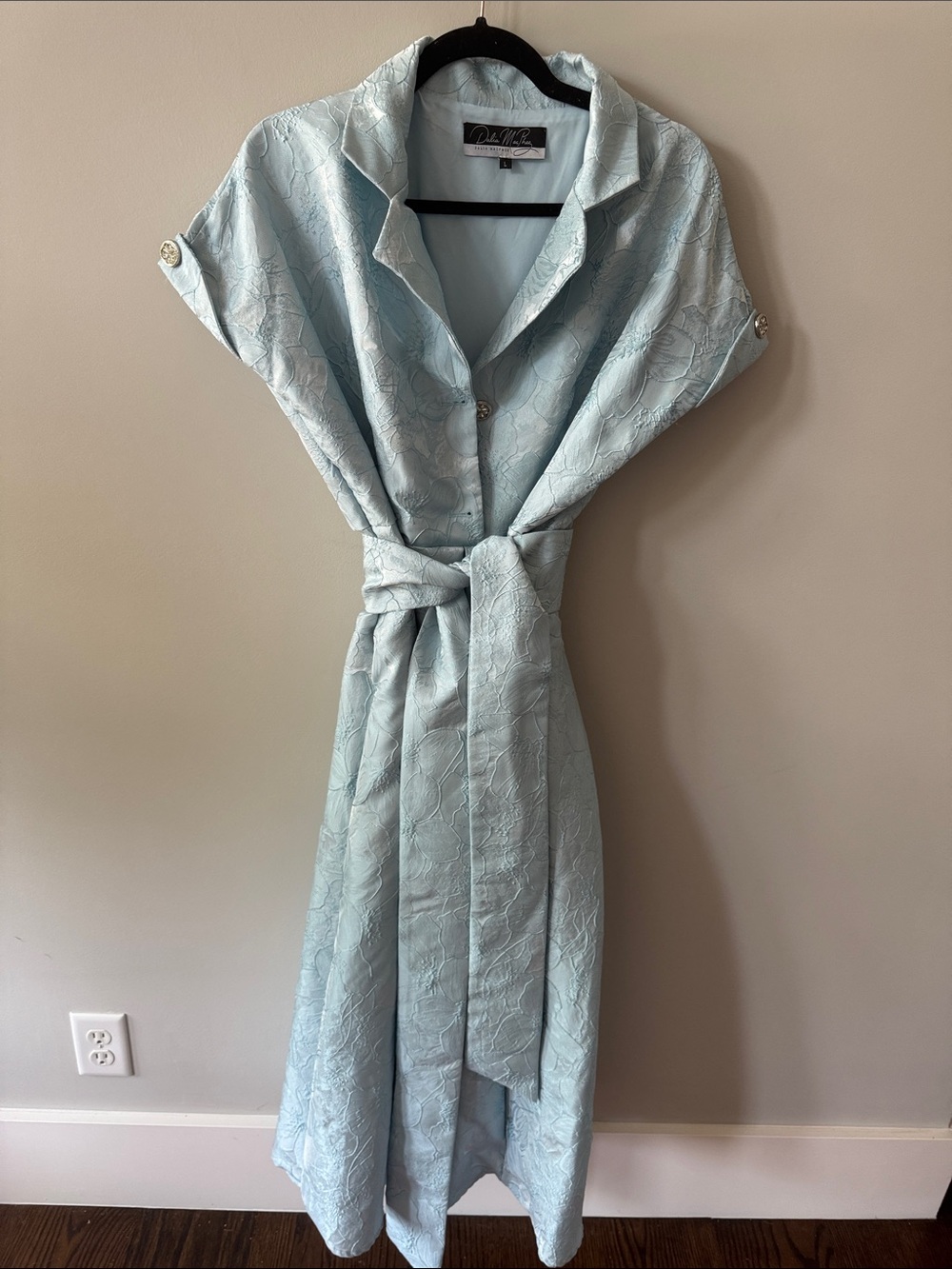 Dalia MacPhee Light Blue Textured Shirt Midi Dress with Tie Waist